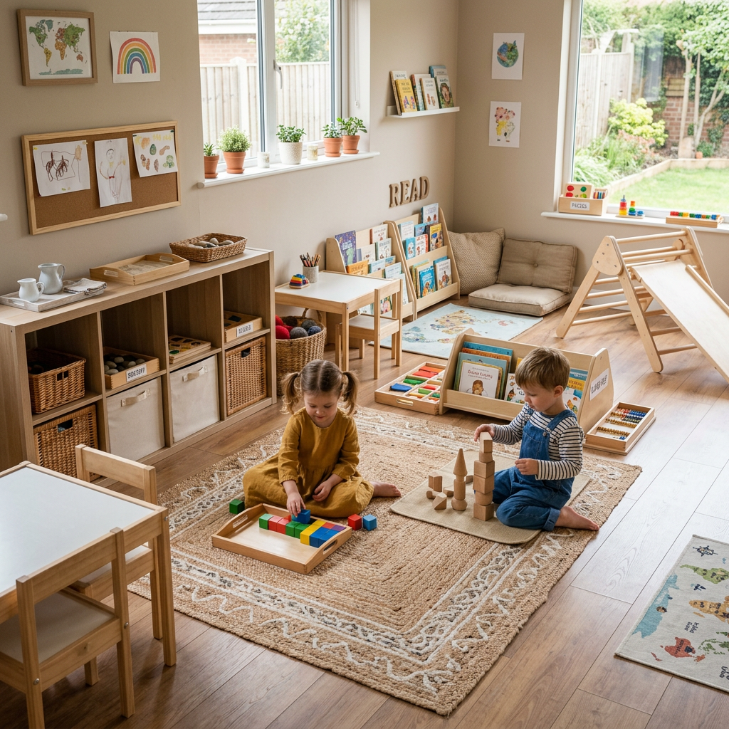 Aktuelles Bild: Two children playing with wooden and colorful blocks on a woven rug in a Montessori-style playroom