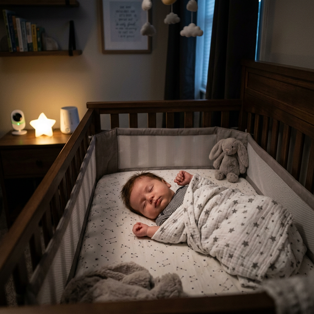 Sleeping baby wrapped in star-patterned blanket in wooden crib with plush bunny toy